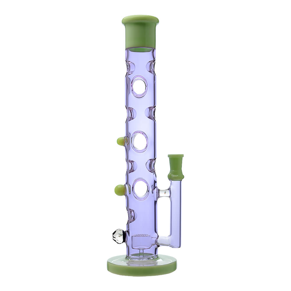 Calibear Colored Holed Straight Tube Water Pipe series in Clear, Purple, Blue, and Black featuring honeycomb percolators and ergonomic grip holes.