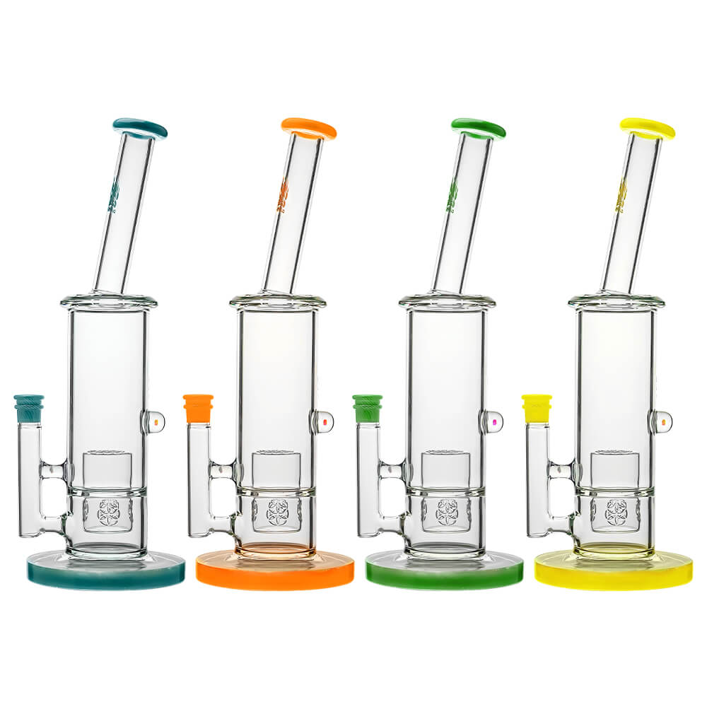 Calibear Colorful Glass Bong Set in Blue, Orange, Green, and Yellow with dual percolators and angled neck.