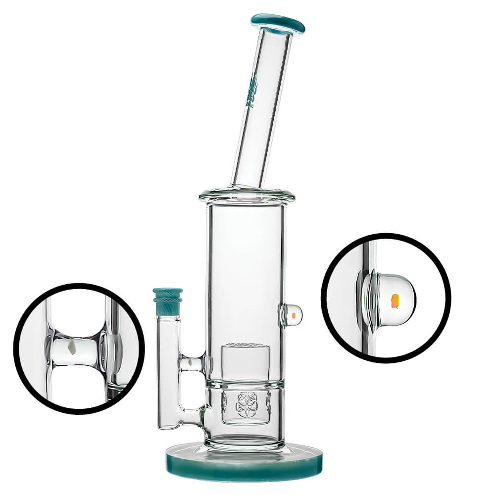 Calibear Colorful Glass Bong Set in Blue, Orange, Green, and Yellow with dual percolators and angled neck.