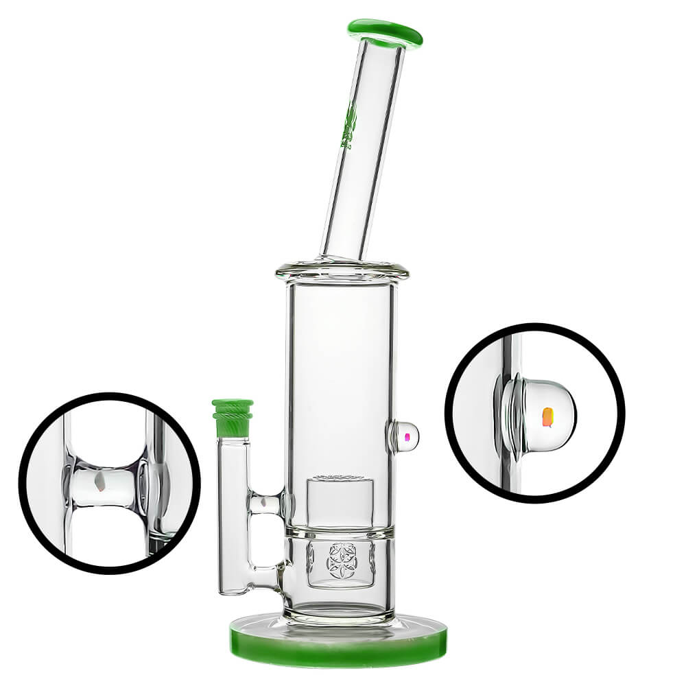 Calibear Colorful Glass Bong Set in Blue, Orange, Green, and Yellow with dual percolators and angled neck.