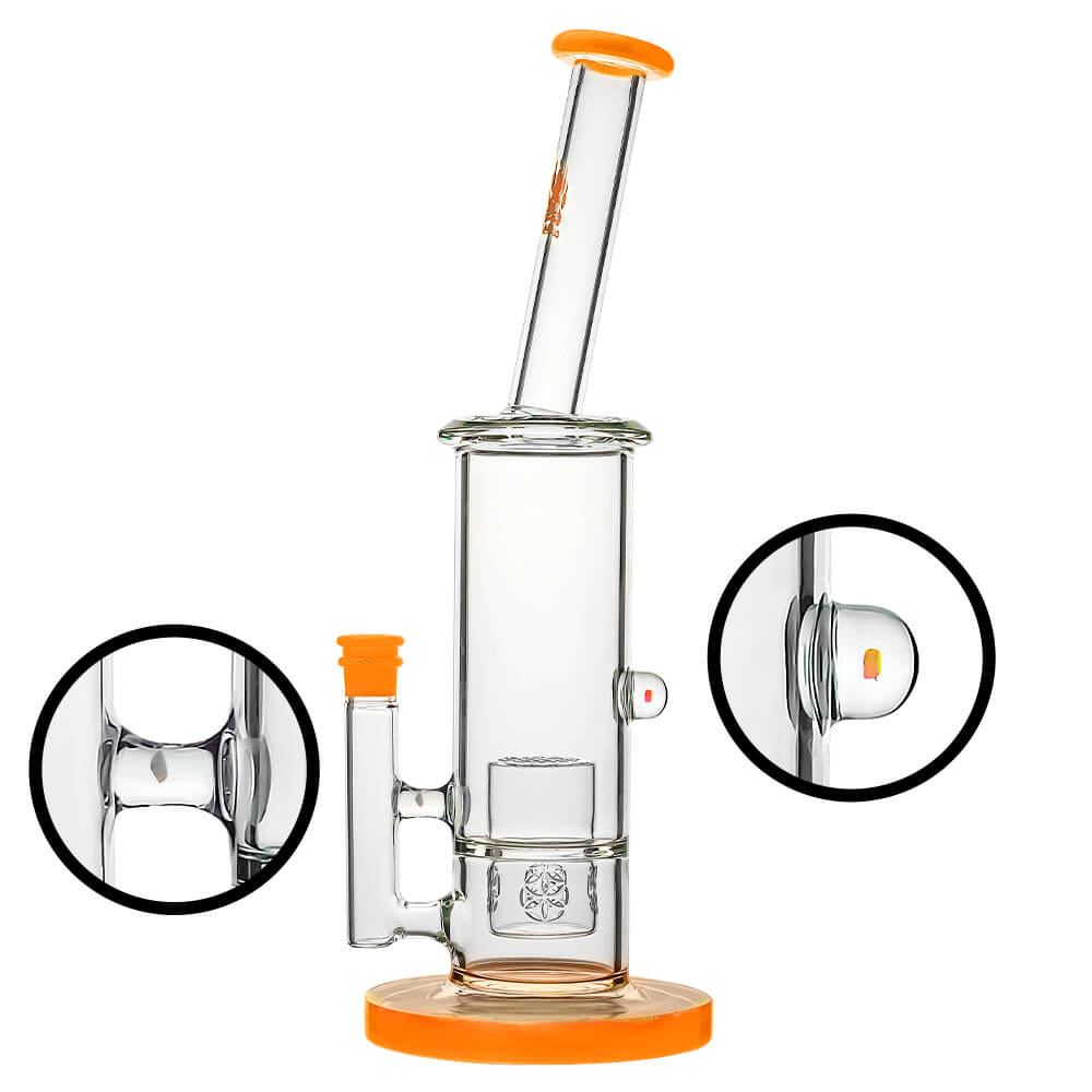 Calibear Colorful Glass Bong Set in Blue, Orange, Green, and Yellow with dual percolators and angled neck.