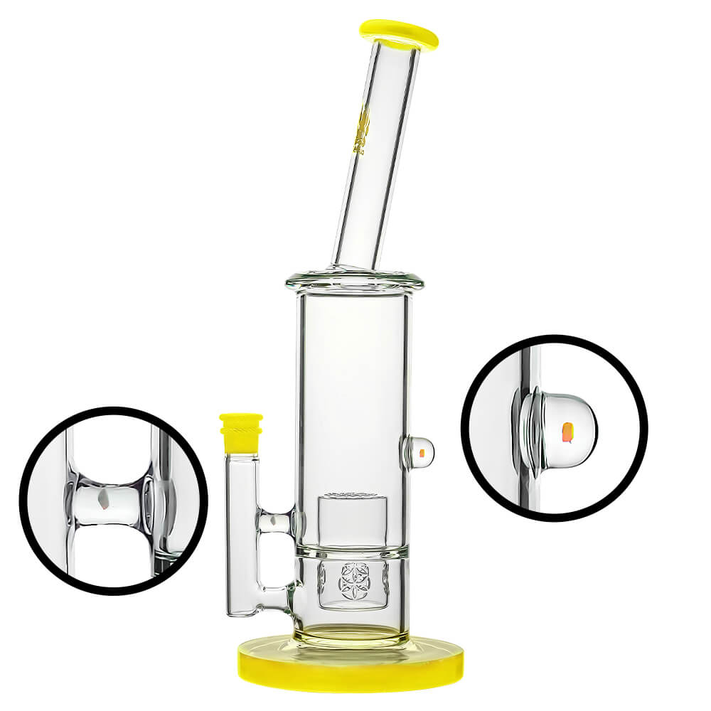 Calibear Colorful Glass Bong Set in Blue, Orange, Green, and Yellow with dual percolators and angled neck.