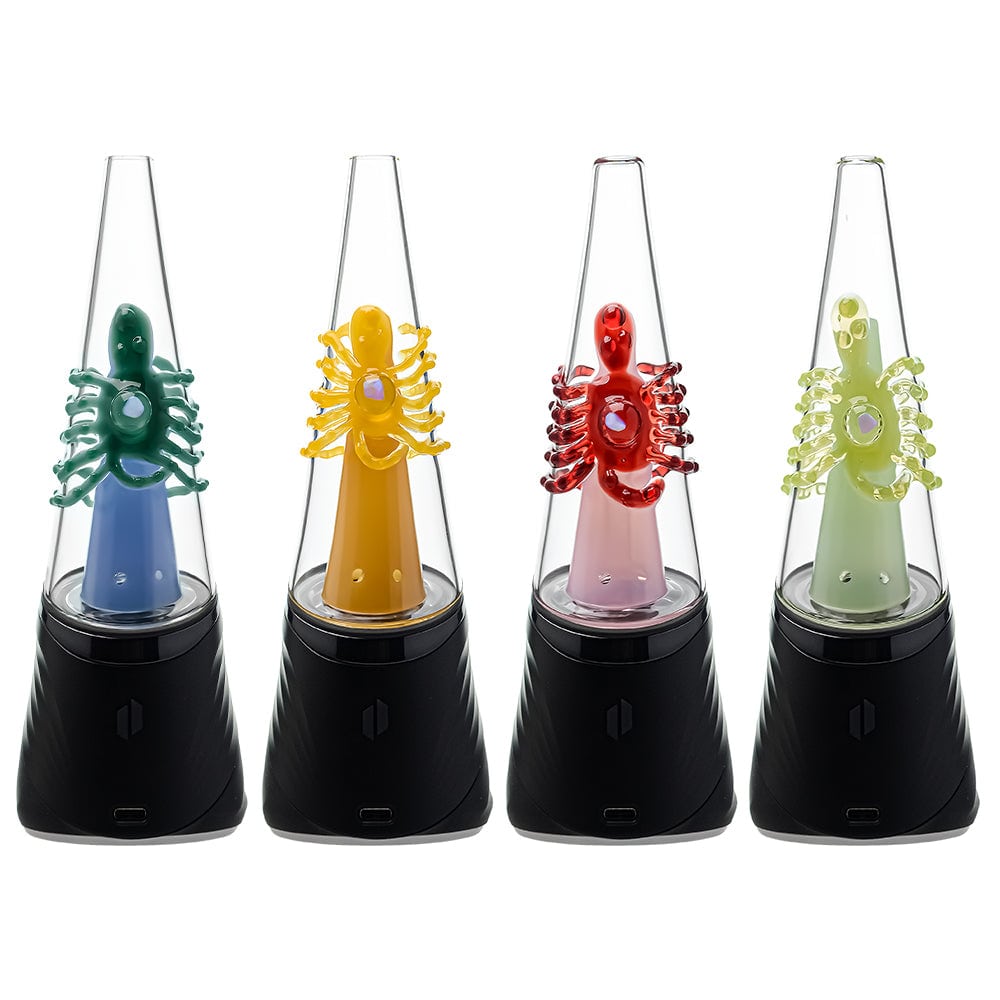Four Calibear Decapod Puffco Peak replacement glass cones mounted on black e-rig bases, showcasing internal teal, yellow, red, and light-green hand-sculpted octopus figures wrap around the inner cone with a sparkling embedded opal eye.
