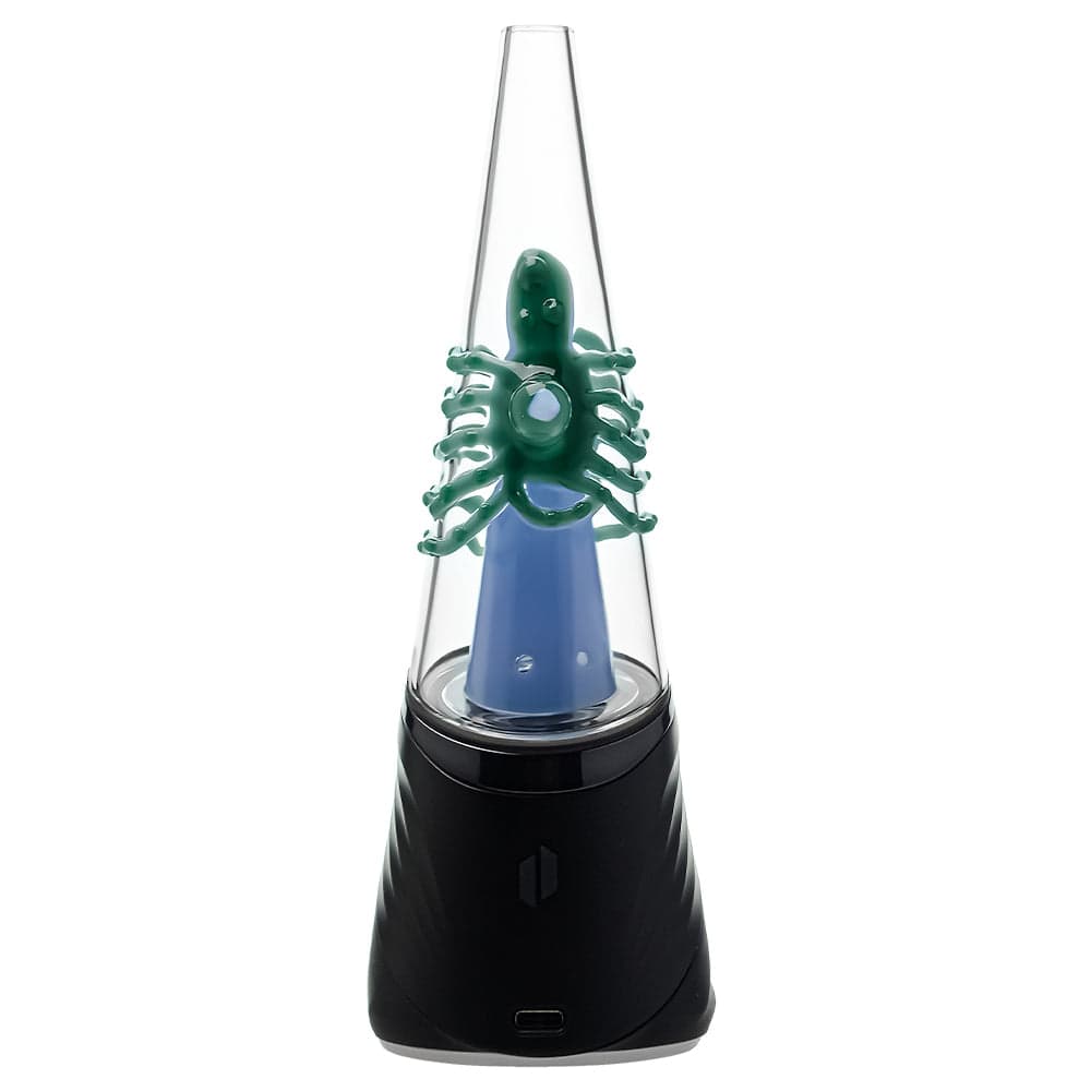 Four Calibear Decapod Puffco Peak replacement glass cones mounted on black e-rig bases, showcasing internal teal, yellow, red, and light-green hand-sculpted octopus figures wrap around the inner cone with a sparkling embedded opal eye.