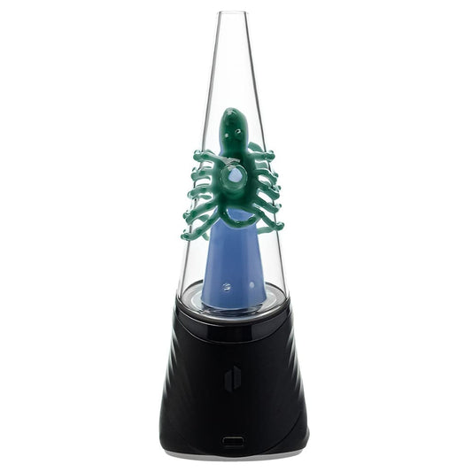 Four Calibear Decapod Puffco Peak replacement glass cones mounted on black e-rig bases, showcasing internal teal, yellow, red, and light-green hand-sculpted octopus figures wrap around the inner cone with a sparkling embedded opal eye.