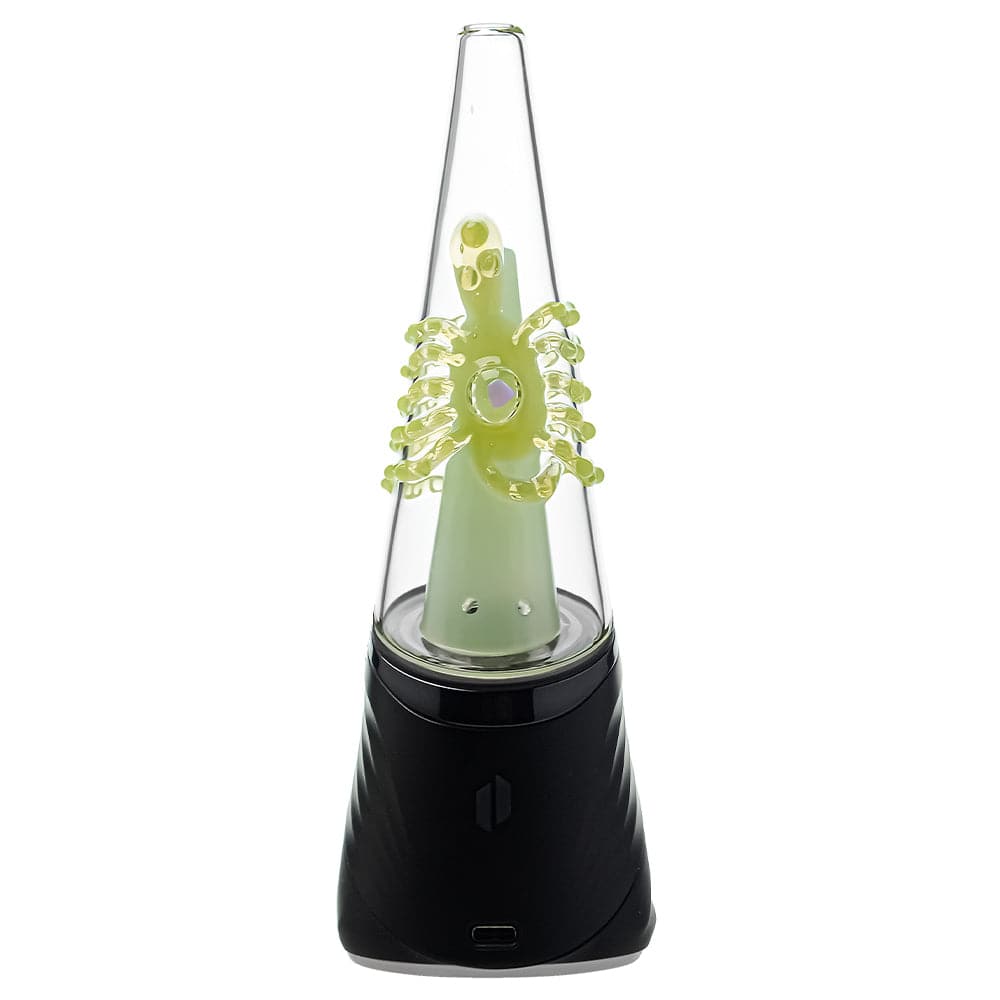 Four Calibear Decapod Puffco Peak replacement glass cones mounted on black e-rig bases, showcasing internal teal, yellow, red, and light-green hand-sculpted octopus figures wrap around the inner cone with a sparkling embedded opal eye.