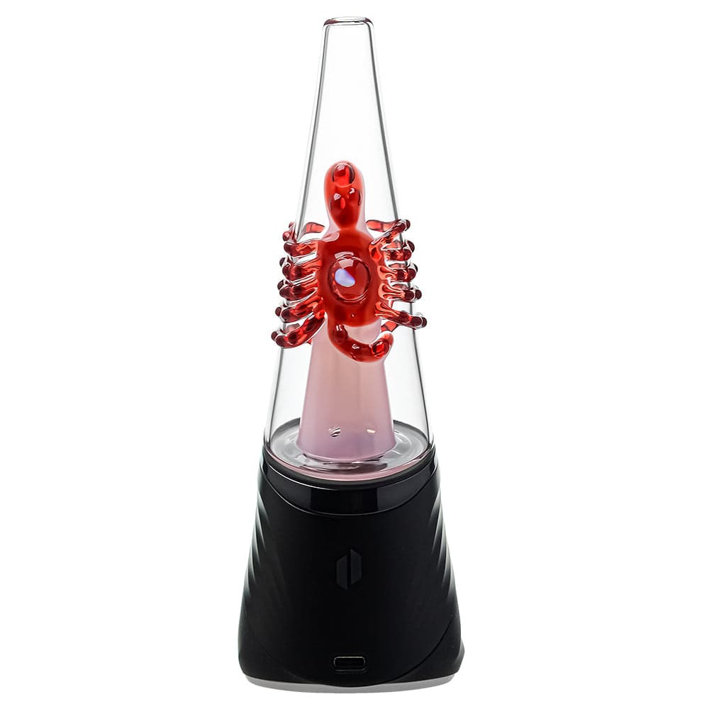 Four Calibear Decapod Puffco Peak replacement glass cones mounted on black e-rig bases, showcasing internal teal, yellow, red, and light-green hand-sculpted octopus figures wrap around the inner cone with a sparkling embedded opal eye.