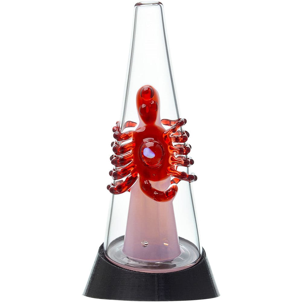 Four Calibear Decapod Puffco Peak replacement glass cones mounted on black e-rig bases, showcasing internal teal, yellow, red, and light-green hand-sculpted octopus figures wrap around the inner cone with a sparkling embedded opal eye.