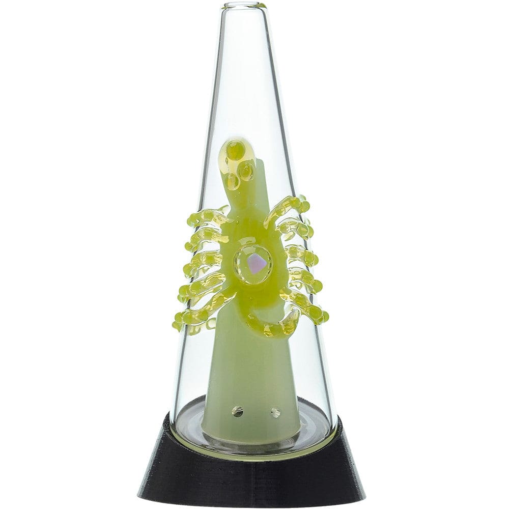 Four Calibear Decapod Puffco Peak replacement glass cones mounted on black e-rig bases, showcasing internal teal, yellow, red, and light-green hand-sculpted octopus figures wrap around the inner cone with a sparkling embedded opal eye.