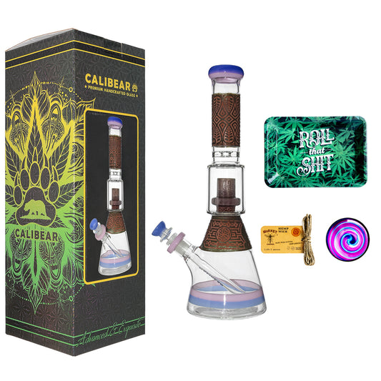 Calibear Etched Geometric Beaker Water Pipe Combo Box with rolling tray, grinder, and hemp wick.
