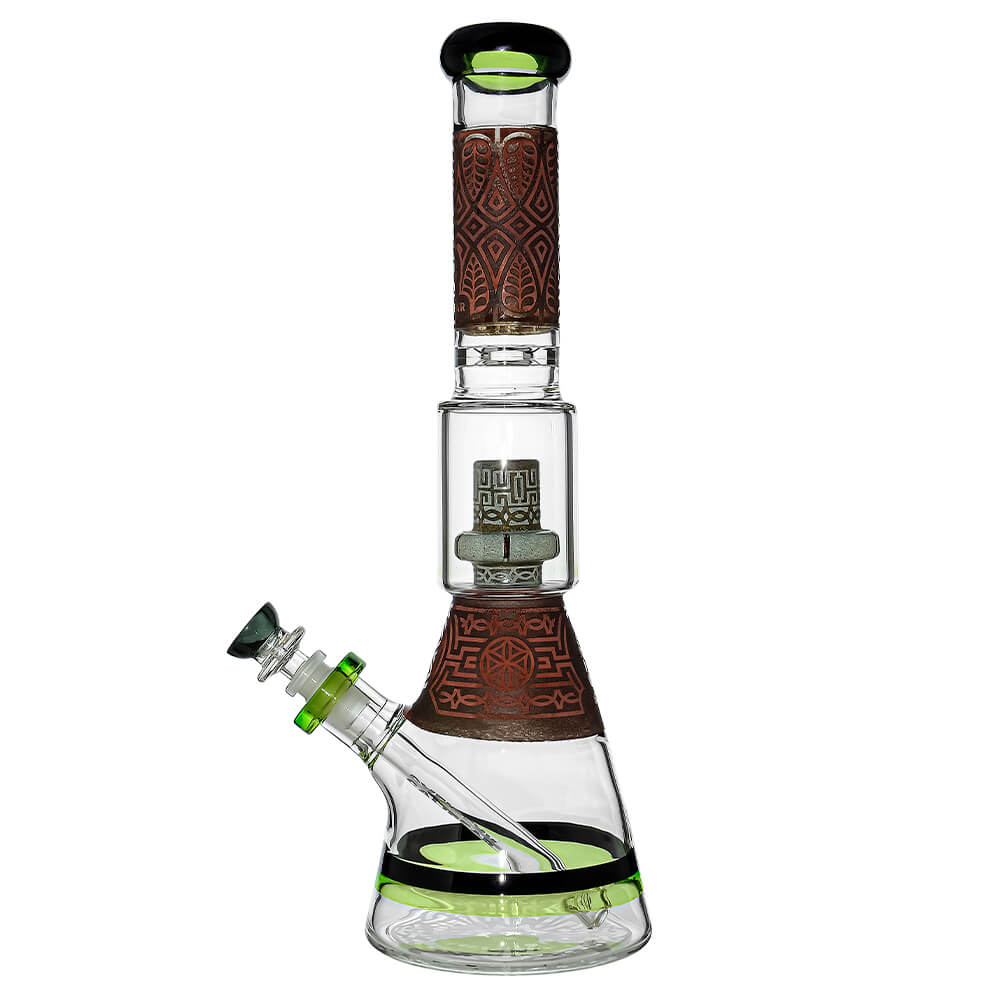 Calibear Etched Geometric Beaker Water Pipe Combo Box with rolling tray, grinder, and hemp wick.