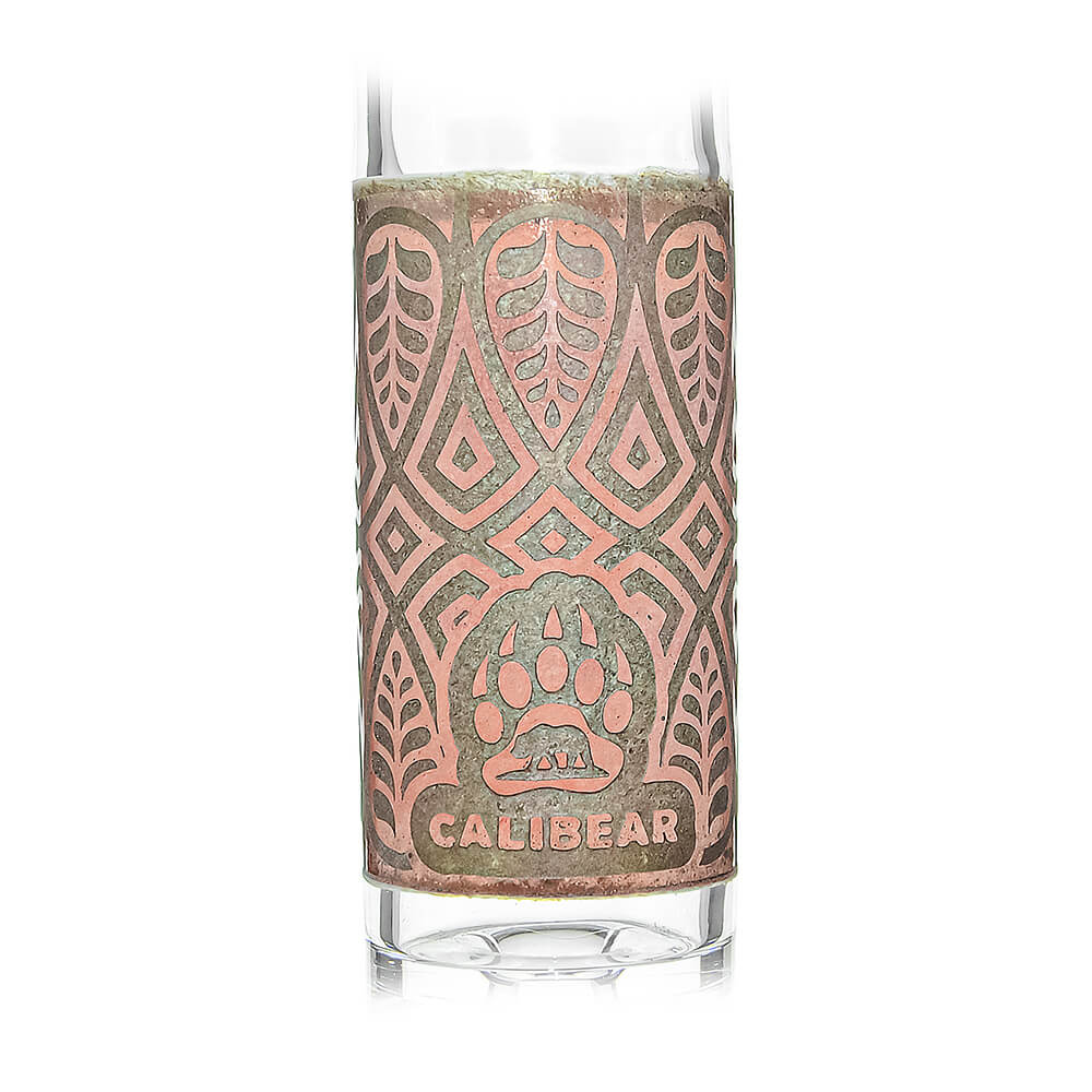 Calibear Etched Geometric Beaker Water Pipe Combo Box with rolling tray, grinder, and hemp wick.
