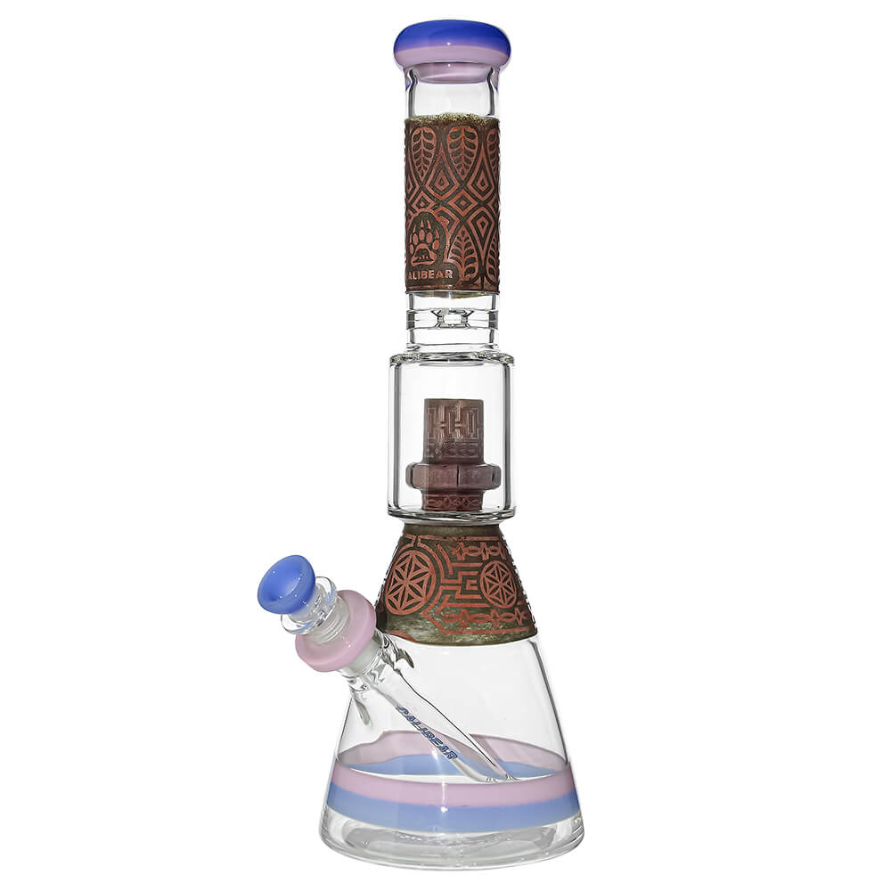 Calibear Etched Geometric Beaker Water Pipe Combo Box with rolling tray, grinder, and hemp wick.