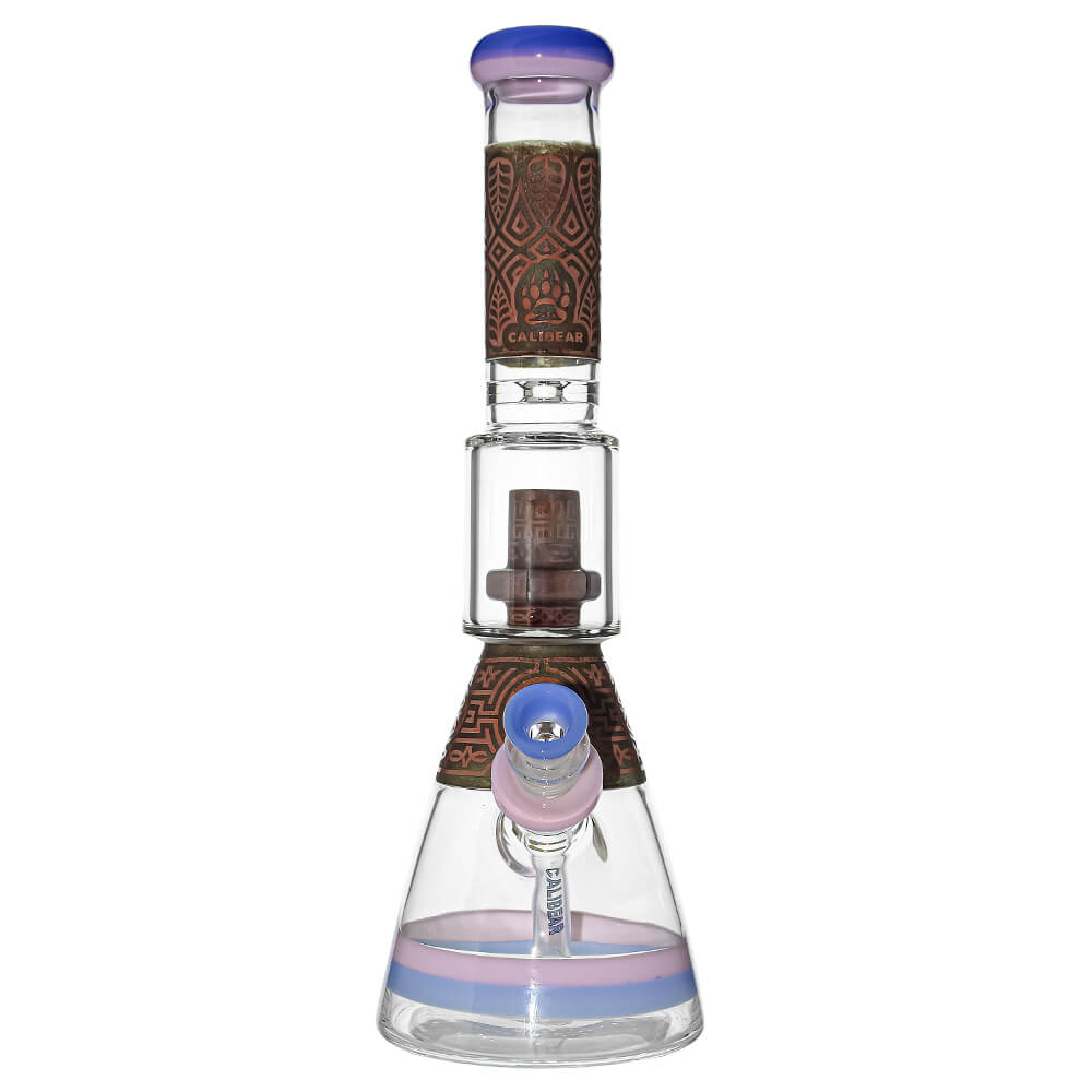 Calibear Etched Geometric Beaker Water Pipe Combo Box with rolling tray, grinder, and hemp wick.