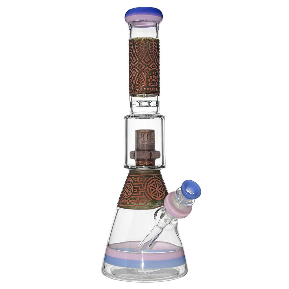 Calibear Etched Geometric Beaker Water Pipe Combo Box with rolling tray, grinder, and hemp wick.
