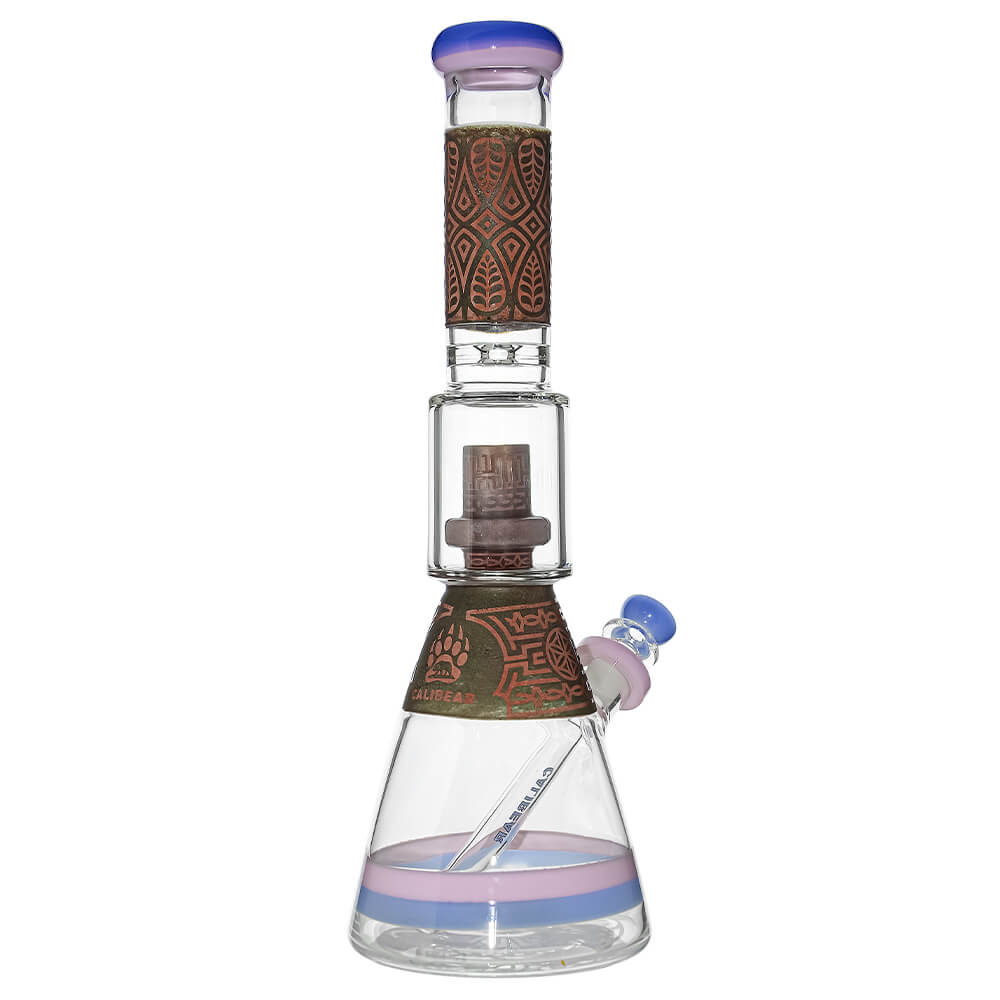 Calibear Etched Geometric Beaker Water Pipe Combo Box with rolling tray, grinder, and hemp wick.