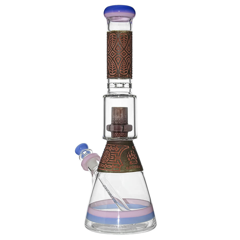 Calibear Etched Geometric Beaker Water Pipe Combo Box with rolling tray, grinder, and hemp wick.