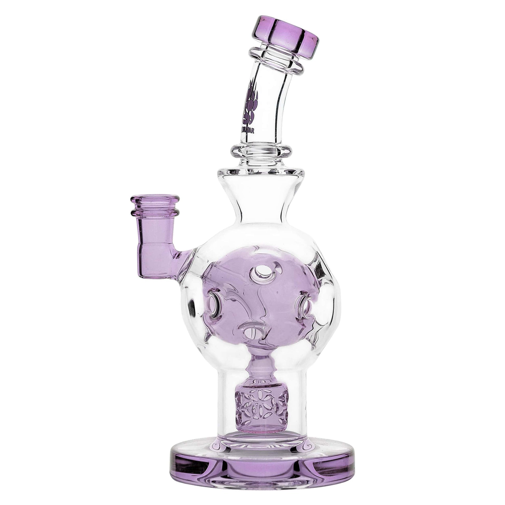 Calibear 8 inch exosphere dab rig with purple accents and a Seed of Life percolator, featuring a clear glass spherical body and 14.5mm female joint.