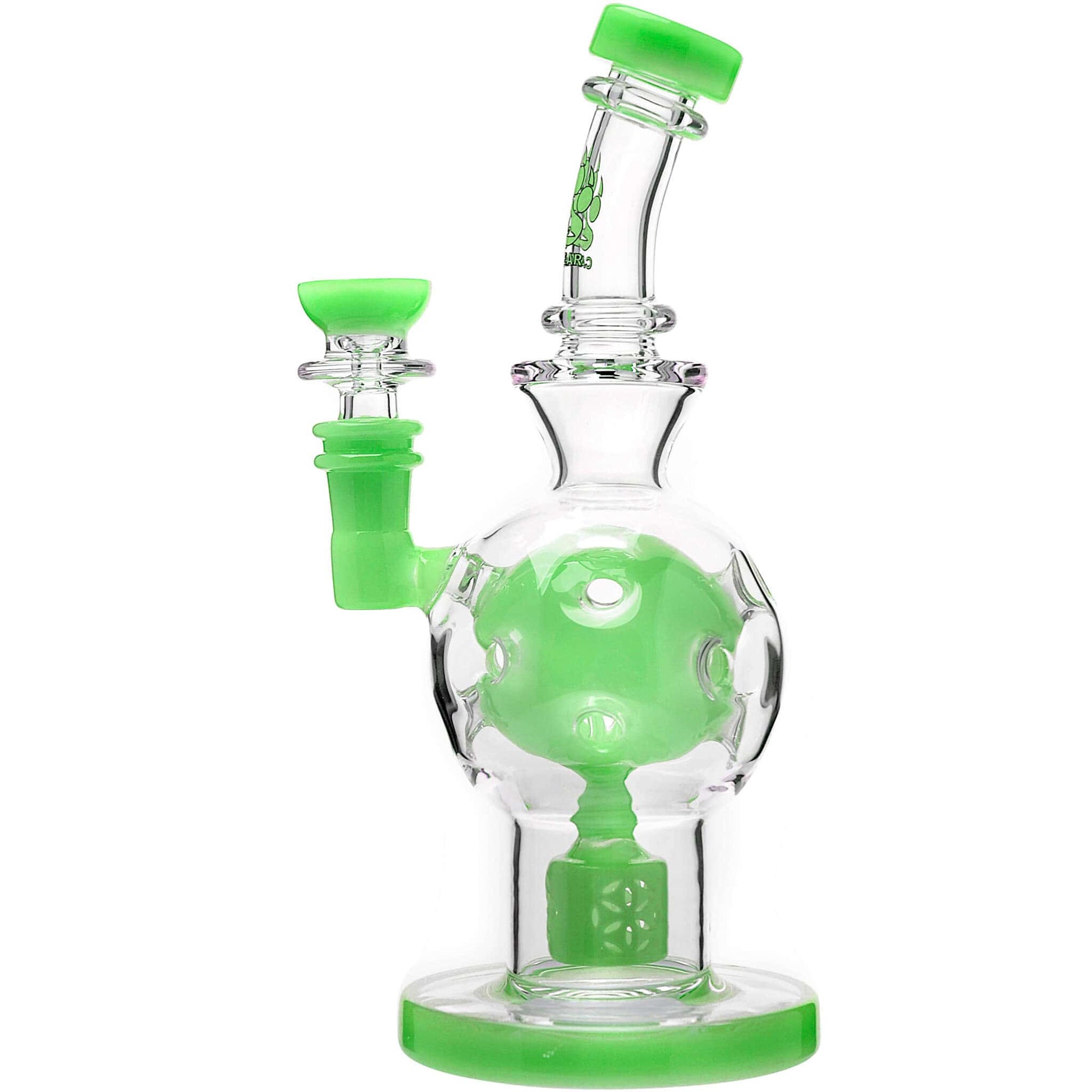 Calibear 8 inch exosphere dab rig with purple accents and a Seed of Life percolator, featuring a clear glass spherical body and 14.5mm female joint.