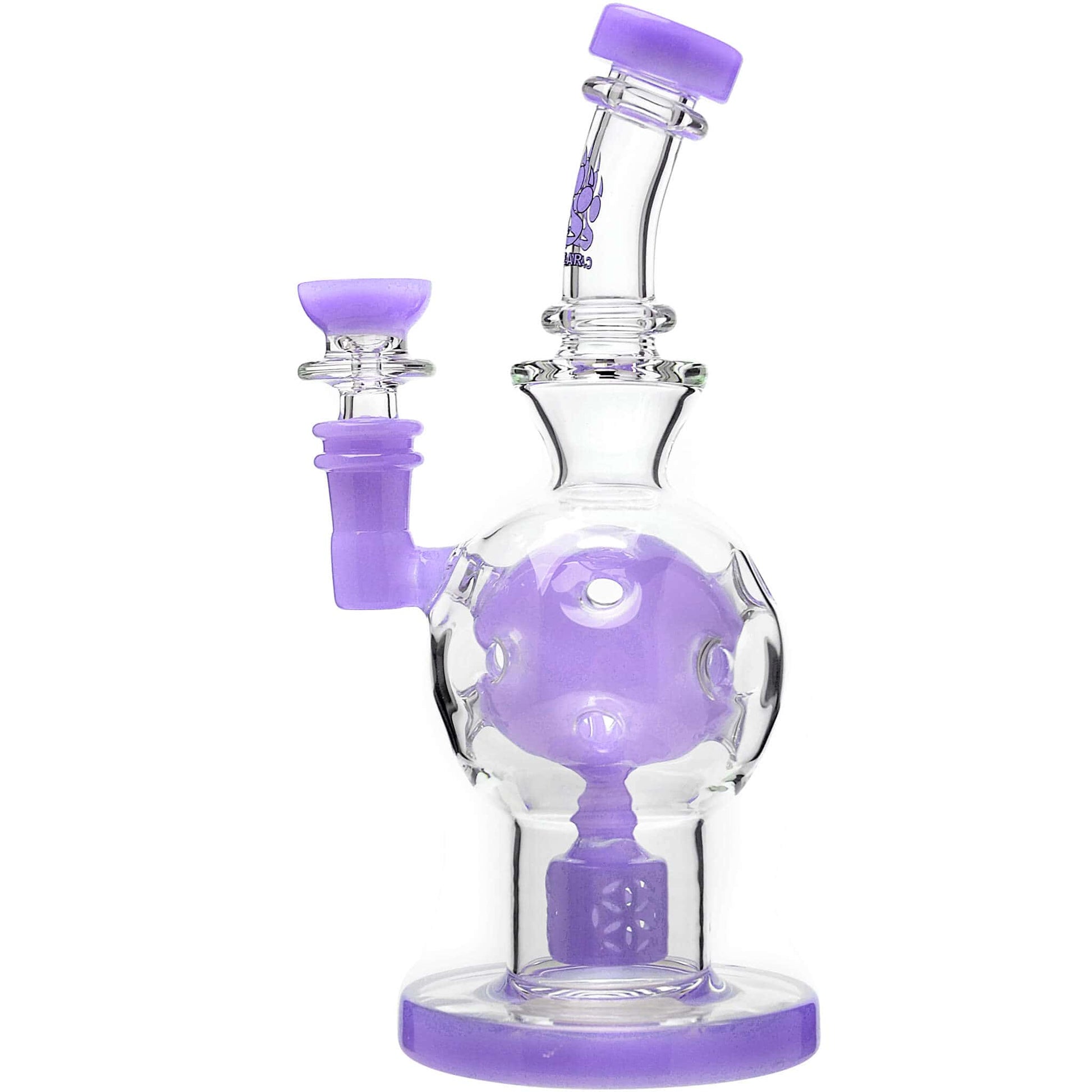 Calibear 8 inch exosphere dab rig with purple accents and a Seed of Life percolator, featuring a clear glass spherical body and 14.5mm female joint.