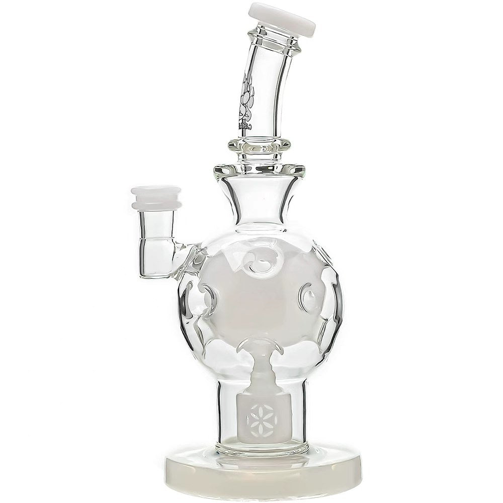 Calibear 8 inch exosphere dab rig with purple accents and a Seed of Life percolator, featuring a clear glass spherical body and 14.5mm female joint.