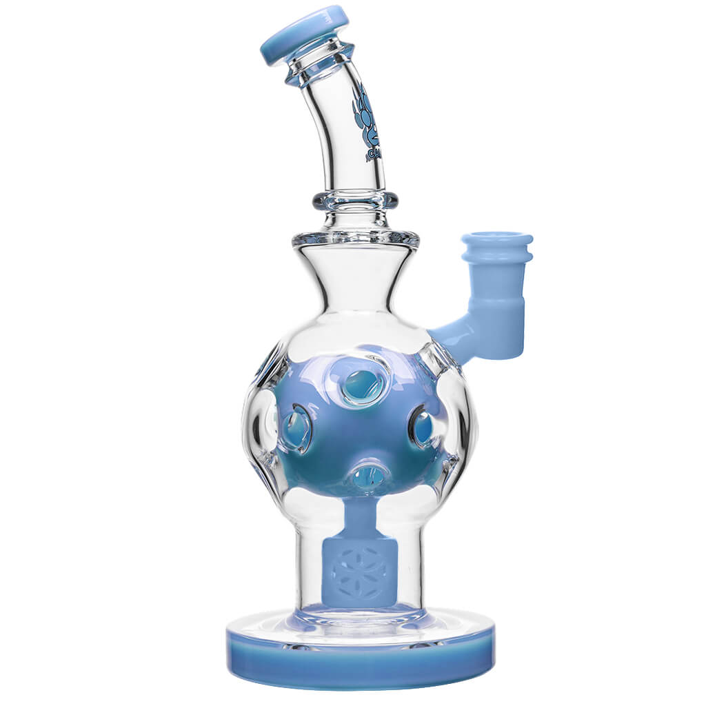 Calibear 8 inch exosphere dab rig with purple accents and a Seed of Life percolator, featuring a clear glass spherical body and 14.5mm female joint.