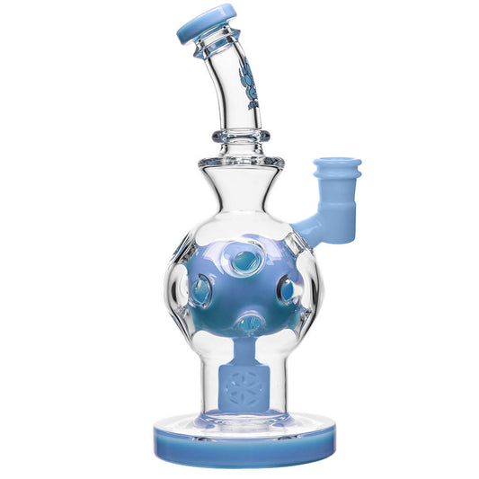 Calibear 8 inch exosphere dab rig with purple accents and a Seed of Life percolator, featuring a clear glass spherical body and 14.5mm female joint.