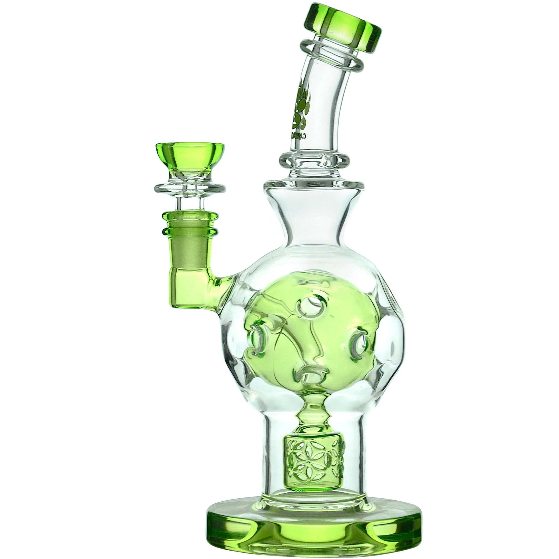 Calibear 8 inch exosphere dab rig with purple accents and a Seed of Life percolator, featuring a clear glass spherical body and 14.5mm female joint.