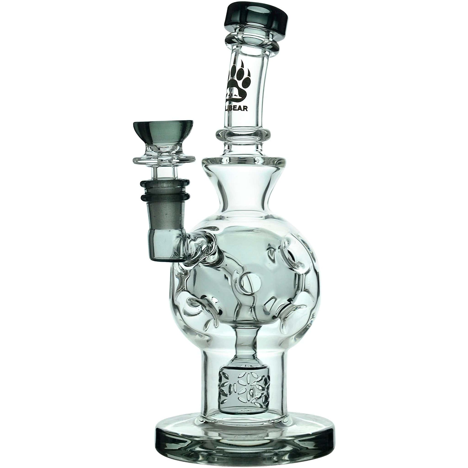 Calibear 8 inch exosphere dab rig with purple accents and a Seed of Life percolator, featuring a clear glass spherical body and 14.5mm female joint.