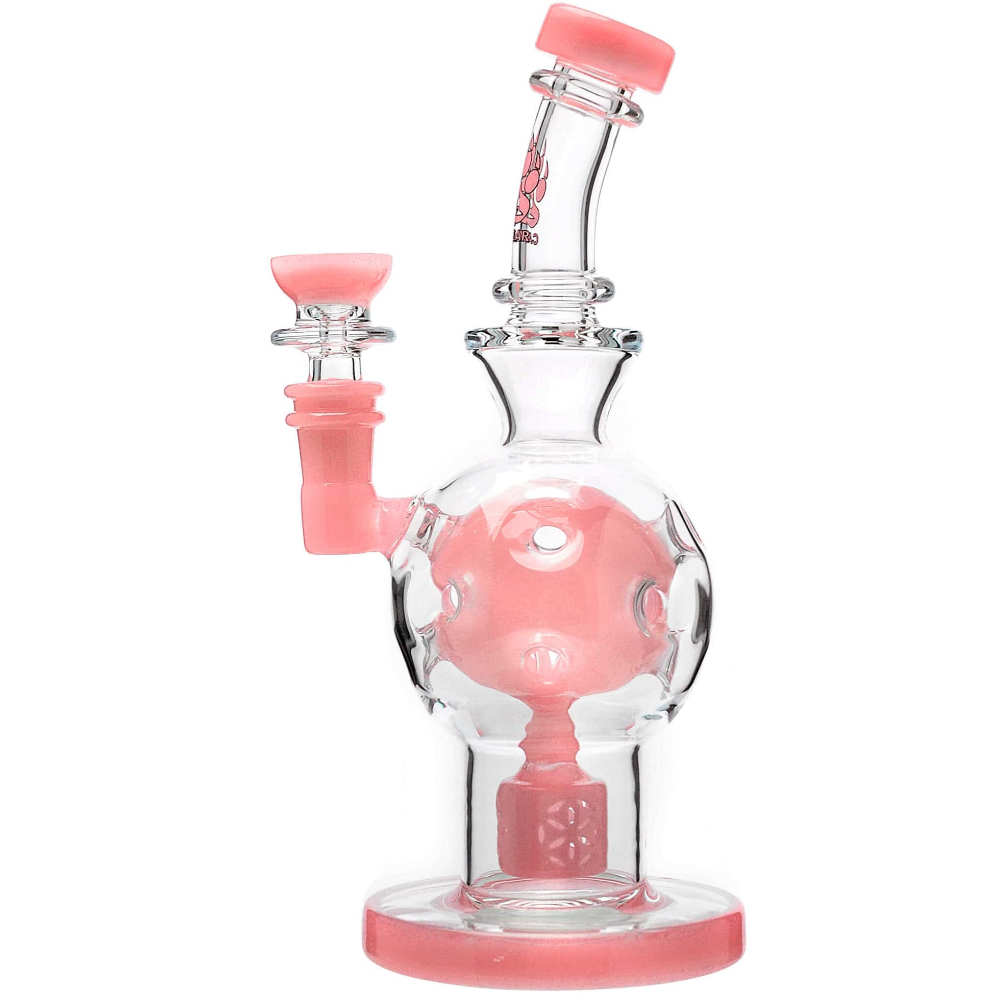 Calibear 8 inch exosphere dab rig with purple accents and a Seed of Life percolator, featuring a clear glass spherical body and 14.5mm female joint.