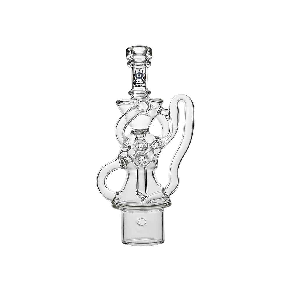 Calibear FTK Recycler glass attachment for Dr. Dabber Switch 2 with Fab Torus Klein spiral recycler design and Calibear logo.