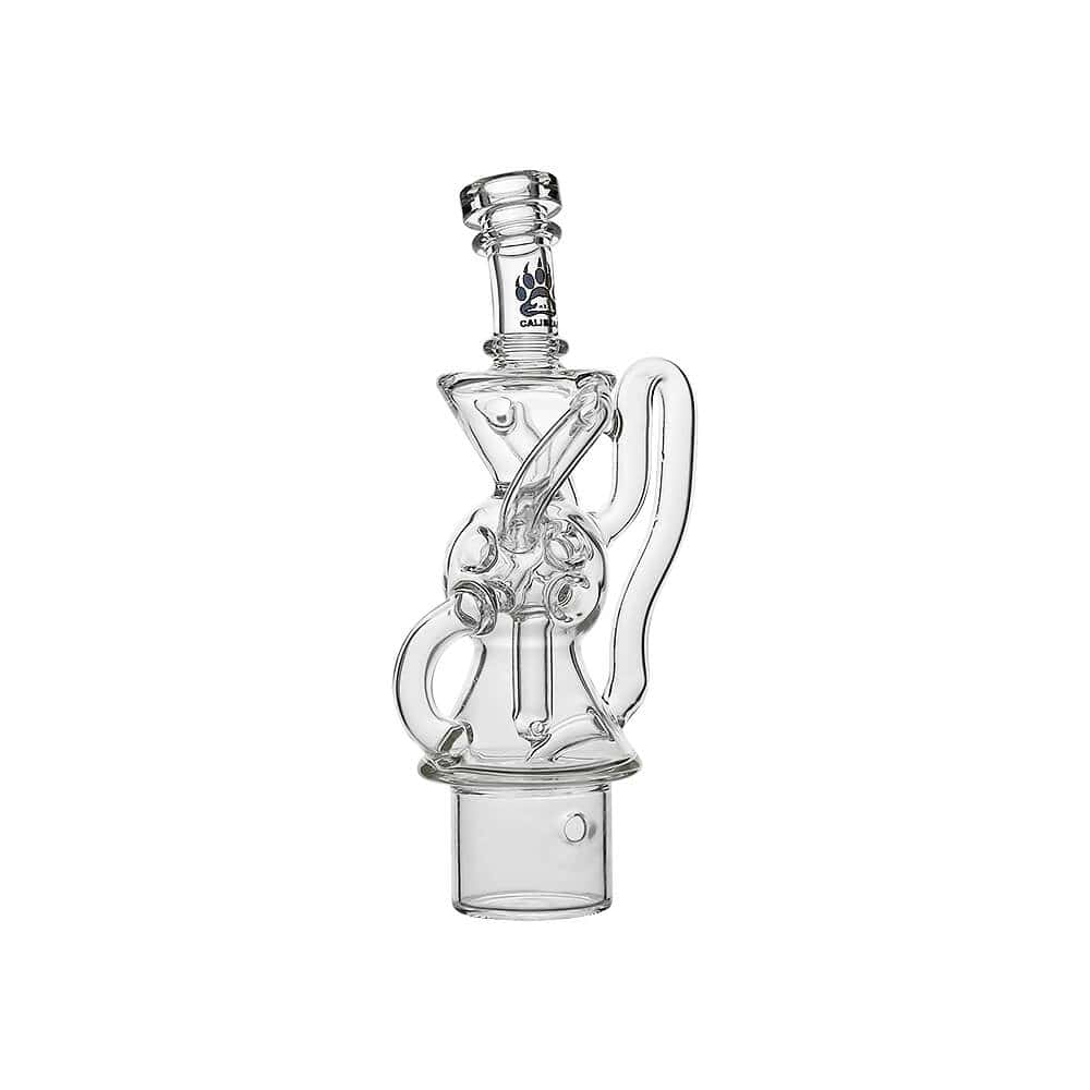 Calibear FTK Recycler glass attachment for Dr. Dabber Switch 2 with Fab Torus Klein spiral recycler design and Calibear logo.