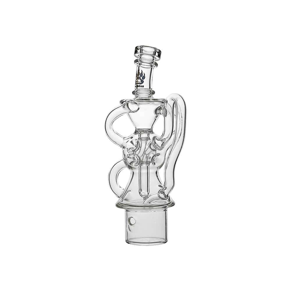 Calibear FTK Recycler glass attachment for Dr. Dabber Switch 2 with Fab Torus Klein spiral recycler design and Calibear logo.