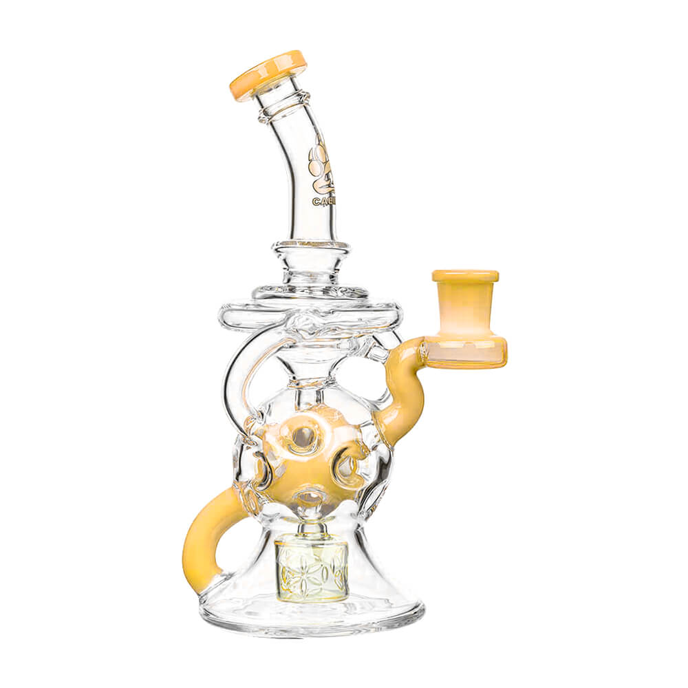 Calibear 8-inch Fab Sphere Dab Rig with Triple Seed of Life Percolator and Torus Recycler in multiple colors including purple, mint, blue, and orange.