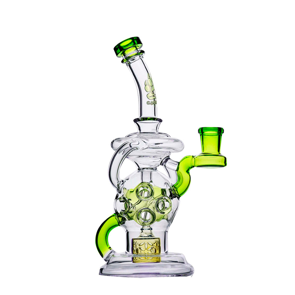 Calibear 8-inch Fab Sphere Dab Rig with Triple Seed of Life Percolator and Torus Recycler in multiple colors including purple, mint, blue, and orange.