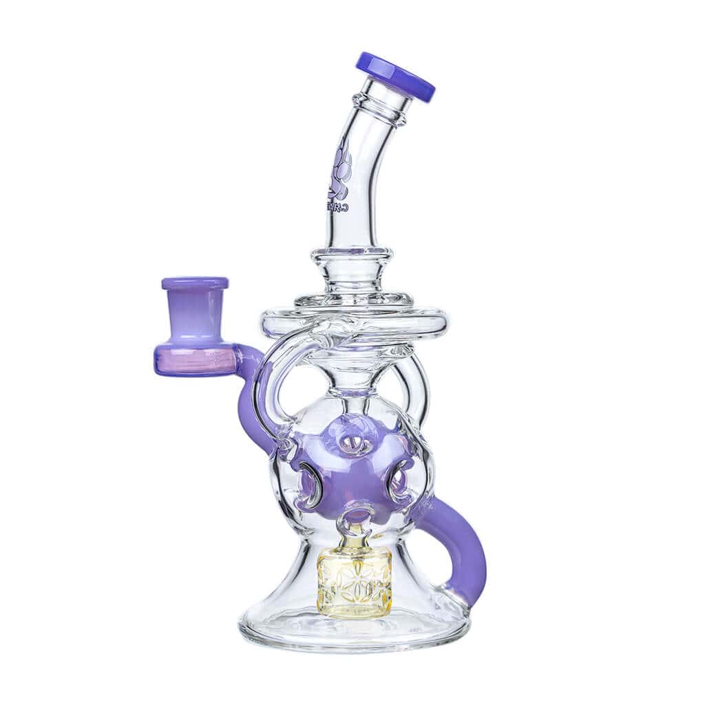 Calibear 8-inch Fab Sphere Dab Rig with Triple Seed of Life Percolator and Torus Recycler in multiple colors including purple, mint, blue, and orange.