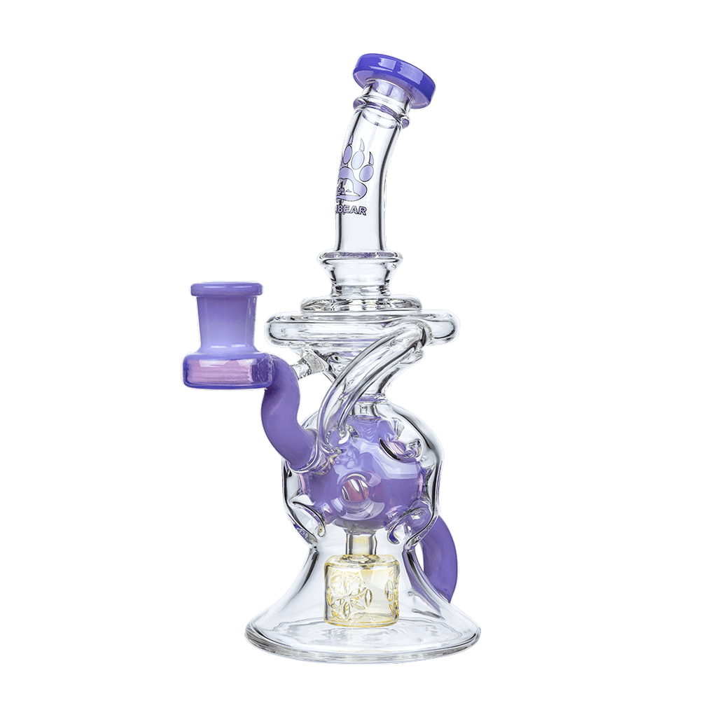 Calibear 8-inch Fab Sphere Dab Rig with Triple Seed of Life Percolator and Torus Recycler in multiple colors including purple, mint, blue, and orange.