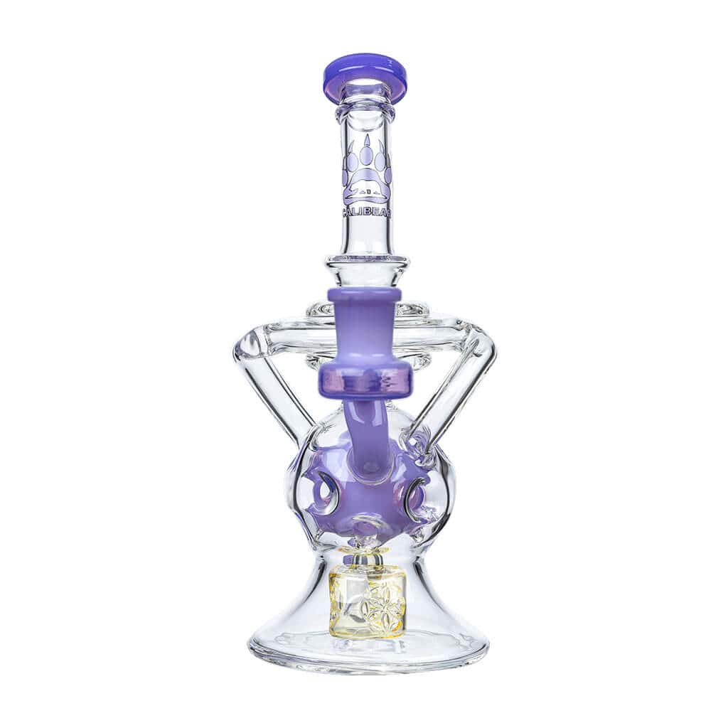 Calibear 8-inch Fab Sphere Dab Rig with Triple Seed of Life Percolator and Torus Recycler in multiple colors including purple, mint, blue, and orange.