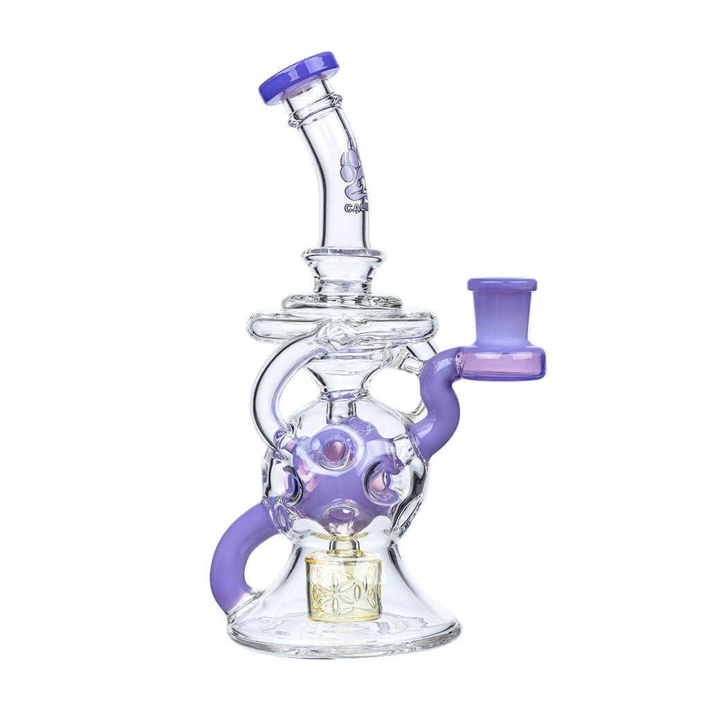 Calibear 8-inch Fab Sphere Dab Rig with Triple Seed of Life Percolator and Torus Recycler in multiple colors including purple, mint, blue, and orange.