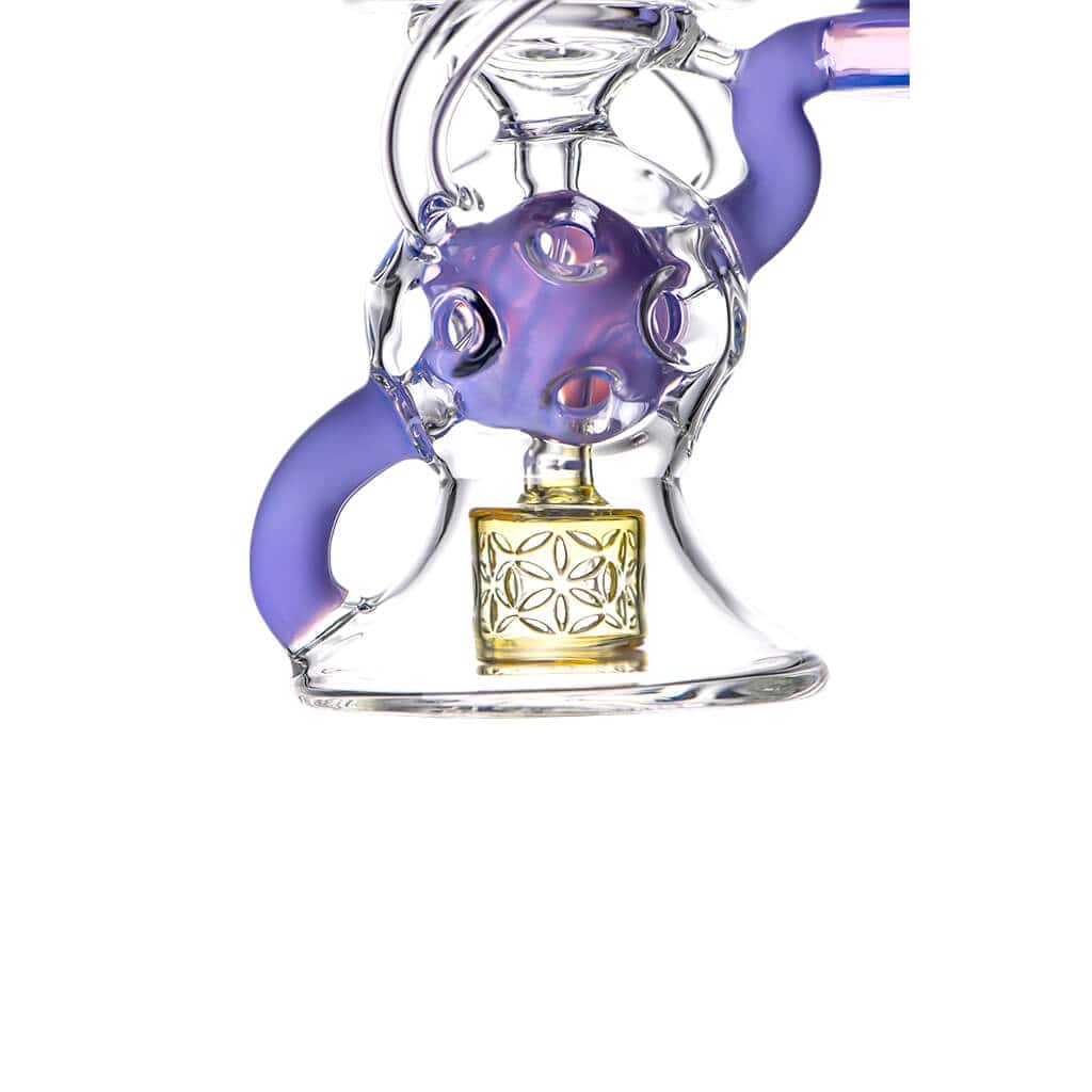 Calibear 8-inch Fab Sphere Dab Rig with Triple Seed of Life Percolator and Torus Recycler in multiple colors including purple, mint, blue, and orange.