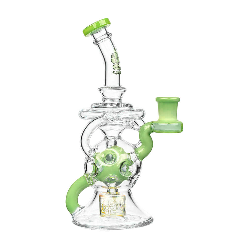 Calibear 8-inch Fab Sphere Dab Rig with Triple Seed of Life Percolator and Torus Recycler in multiple colors including purple, mint, blue, and orange.