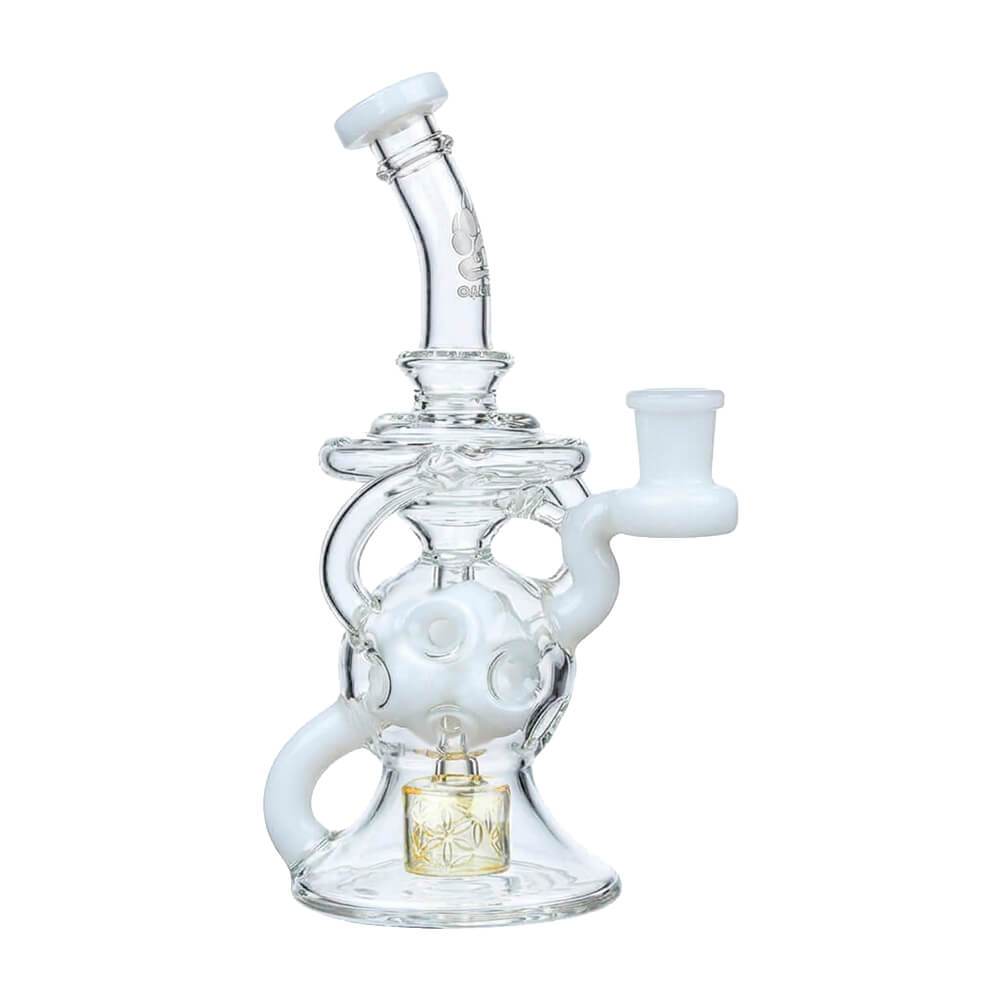 Calibear 8-inch Fab Sphere Dab Rig with Triple Seed of Life Percolator and Torus Recycler in multiple colors including purple, mint, blue, and orange.