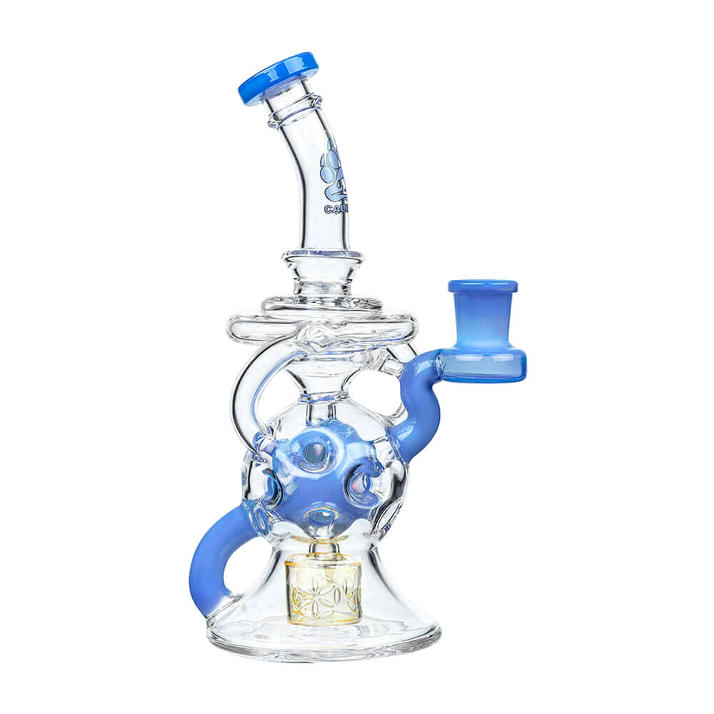Calibear 8-inch Fab Sphere Dab Rig with Triple Seed of Life Percolator and Torus Recycler in multiple colors including purple, mint, blue, and orange.