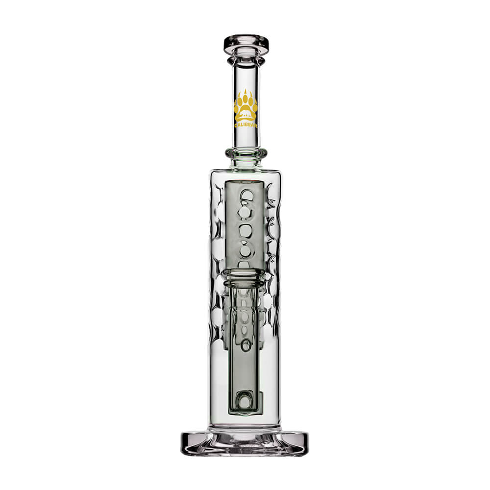 Calibear Flower Straight Fab-V2 water pipe series featuring Flower of Life percolator and colored translucent cores in Blue, Purple, Black, Green, Orange, and Yellow.