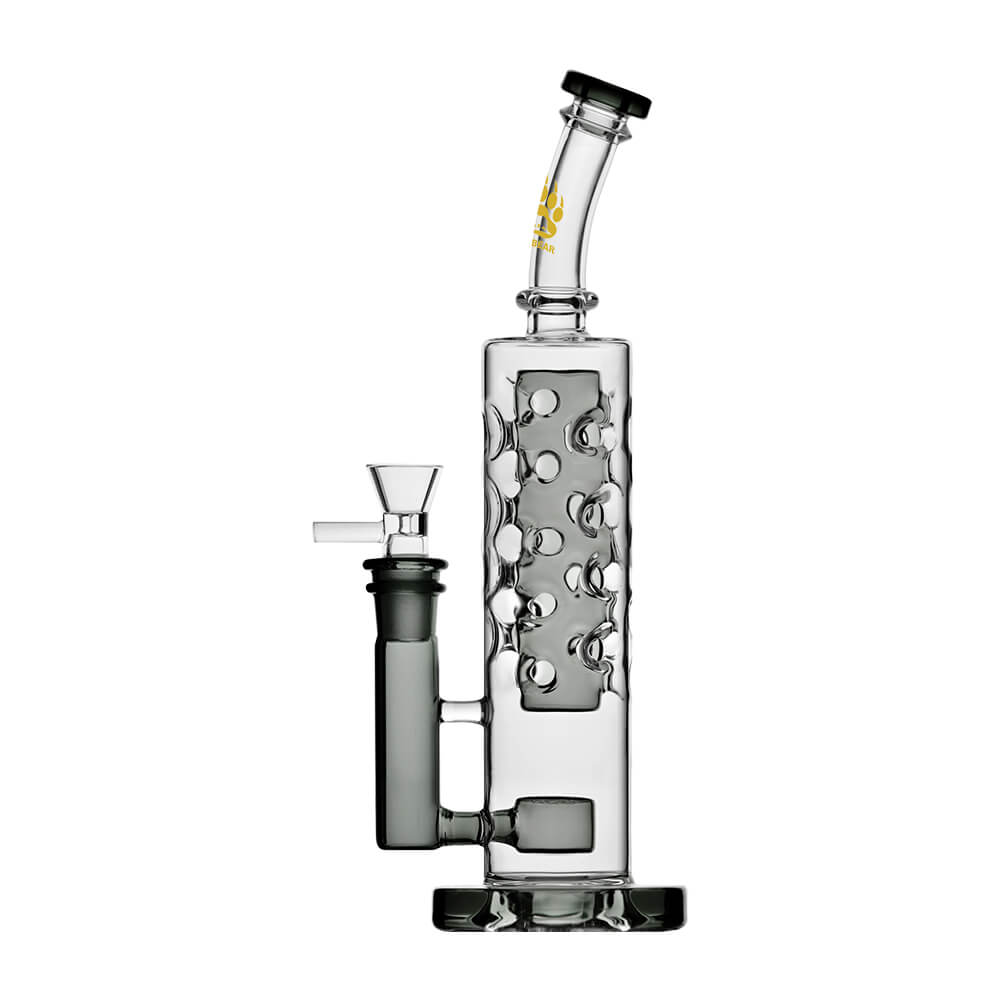 Calibear Flower Straight Fab-V2 water pipe series featuring Flower of Life percolator and colored translucent cores in Blue, Purple, Black, Green, Orange, and Yellow.