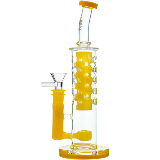 Calibear Flower Straight Fab-V2 water pipe series featuring Flower of Life percolator and colored translucent cores in Blue, Purple, Black, Green, Orange, and Yellow.
