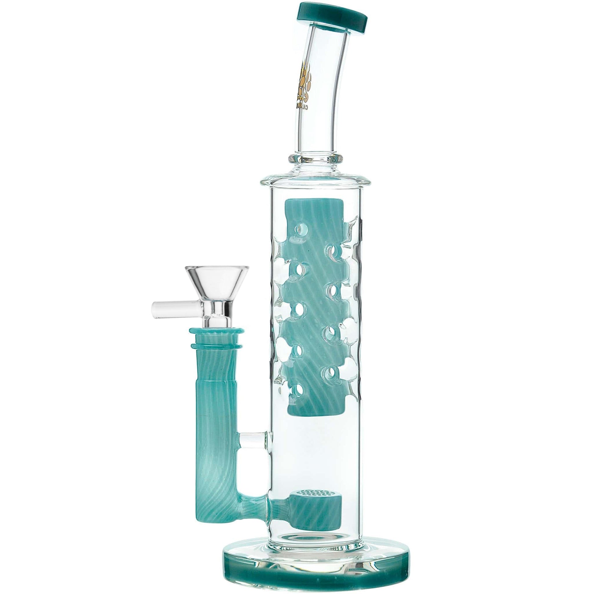 Calibear Flower Straight Fab-V2 water pipe series featuring Flower of Life percolator and colored translucent cores in Blue, Purple, Black, Green, Orange, and Yellow.