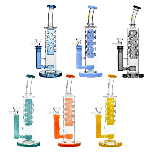 Calibear Flower Straight Fab-V2 water pipe series featuring Flower of Life percolator and colored translucent cores in Blue, Purple, Black, Green, Orange, and Yellow.