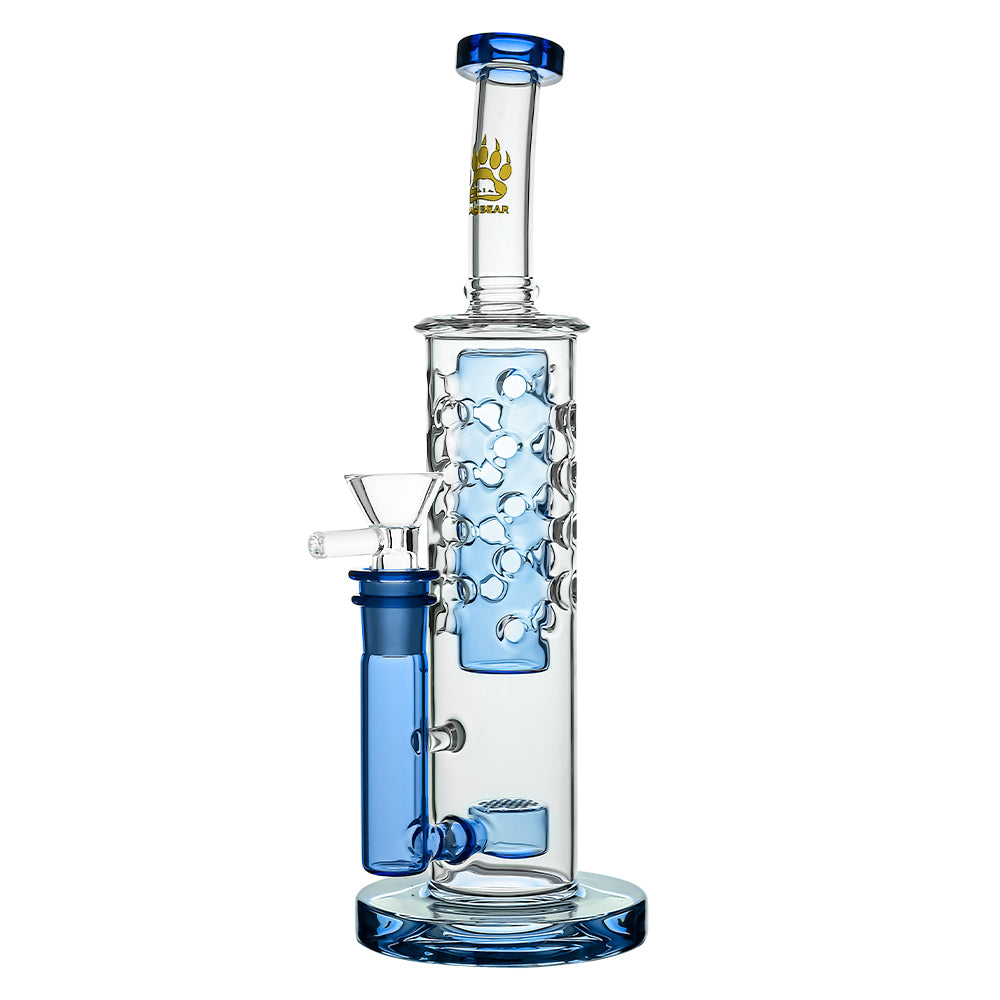 Calibear Flower Straight Fab-V2 water pipe series featuring Flower of Life percolator and colored translucent cores in Blue, Purple, Black, Green, Orange, and Yellow.