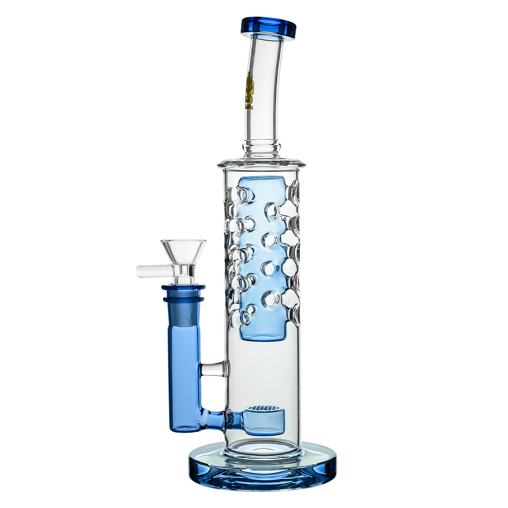 Calibear Flower Straight Fab-V2 water pipe series featuring Flower of Life percolator and colored translucent cores in Blue, Purple, Black, Green, Orange, and Yellow.